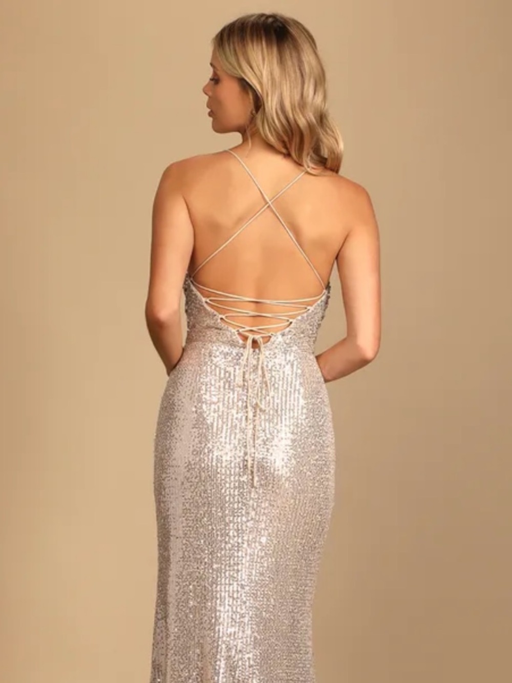 Lulu's Rose Gold Sequin Spaghetti-Strap Prom Gown - Picture 3 of 4
